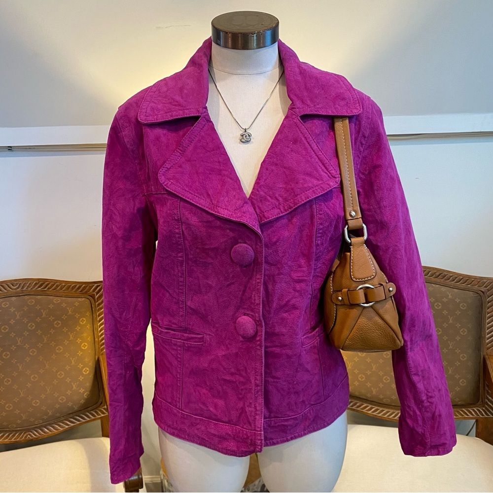 Vintage Chico's Vibrant Magenta Jacket Blazer Genuine Suede Leather, Size Medium
